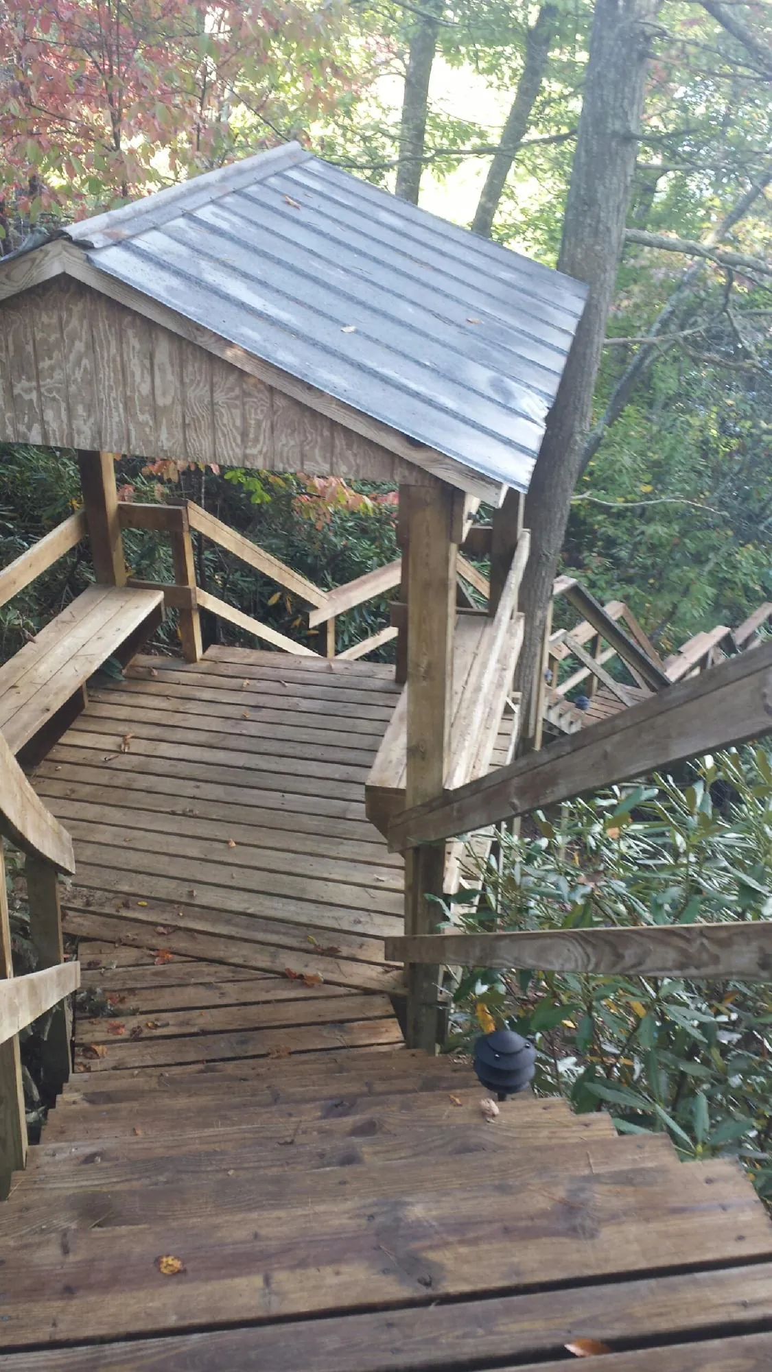 Metal roofed shelter over wooden steps on a wooded walkway — Skylight Repair & Installation work by our crew in Pleasant Dale